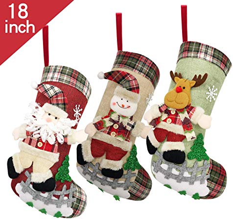 ETERAMUS Plaid Christmas Stockings Set of 3,18 inch Large Burlap Xmas Socks with Snowflake,3D Plush Santa,Felt Snowman,Tree,Reindeer for Holiday Hanging. (3, 18)