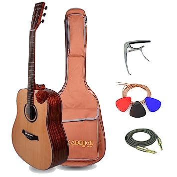 Kadence Slowhand Premium Semi Acoustic Guitar with Heavy Padded Bag, guitar cable, Pro Capo (Solid Spruce Top)