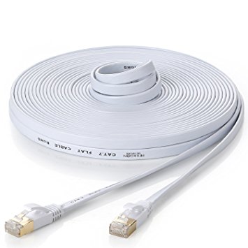 Hexagon Network - Ethernet Cable Cat7 Flat 50ft White, Shielded (STP) Network Cable Cat 7 Flat Slim Ethernet Patch Cable, Internet Cable With Snagless RJ45 Connectors - 50 Feet White