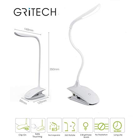 Gritech Cordless,Portable & Rechargeable Clip On LED Desk Lamp,Grill Light ,Reading Light for Bed & Music Stand Light with 3-Level Adjustable Brightness (White)
