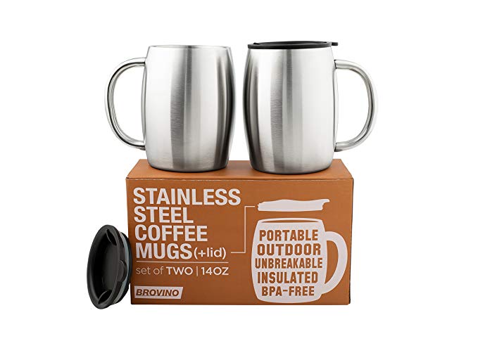 Stainless Steel Coffee Mugs with Lid (Set of 2) - 14 oz Double Walled Steel Coffee Glasses with Lid & Handle - Coffee to Go, Travel, Outdoor, Camping - Vacuum, Shatterproof, Durable Coffee Mug