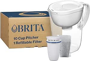 Brita Refillable Water Filtration System with Large 10 Cup Pitcher, Everyday, White, and 1 Refillable Filter