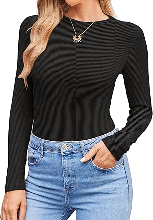 Ekouaer Womens Long Sleeve Shirts Crew Neck Stretchy Fitted Ribbed Tops Basic Base Layer Soft Thermal Undershirts Tee