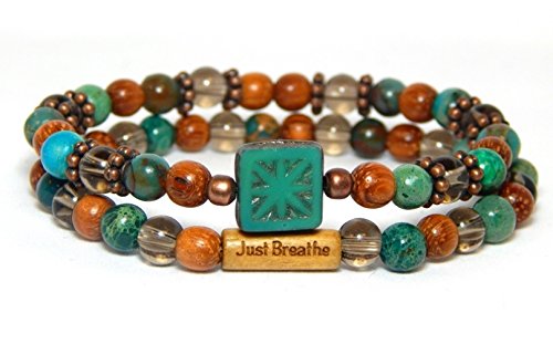 CHOOSE YOUR WORD: Just Breathe, Strength, Journey, Love, Patience, Breathe, Namaste, Sister, Imagine. Blue and Brown Beaded Set of 2 Bracelets