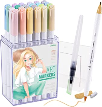 Ohuhu Dual Brush Pen Pastel Markers, 24-Pack Art Marker, Blendable, Brush and Fine Tip Markers Perfect for Planners, Journals, Doodling, Coloring, Calligraphy, Fine Art, Brush Lettering