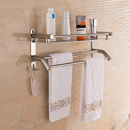 HONPHIER Towel Shelf Multi-Function Towel Rack with Storage Shelf SUS304 Stainless Steel Towel Holder Wall Mounted Bath Towel Rail Bar for Bathroom Kitchen