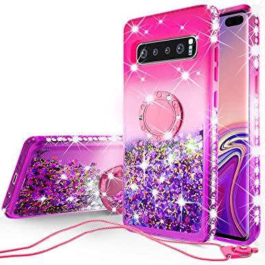 Galaxy S10e Case, Galaxy Wireless Liquid Glitter Ring Kickstand Phone Case [Shock Proof] Cute Quicksand Bling Protective Girls Women Cover Compatible for Samsung Galaxy S10e, Hot Pink/Purple