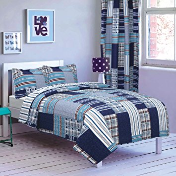 All American Collection New 2pc Printed Modern Bedspread Coverlet Set (Twin Bedspread, Navy Patchwork)