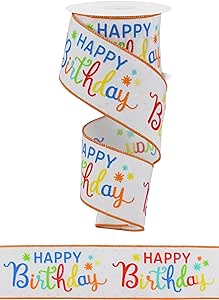 Colorful Script Happy Birthday Ribbon - 2 1/2" x 10 Yards, Wired Edge, Polka Dots, Banner Balloons, Cake, Party, Wreath, Baby, Boy, Girl, Bows, Gifts