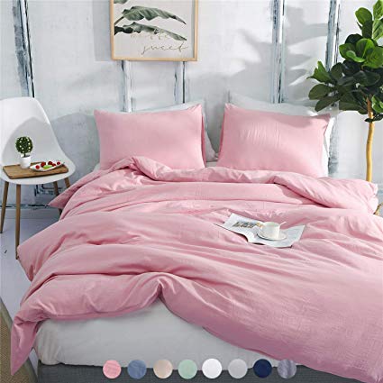 Textong Duvet Cover Set Solid Super Soft Bedding Sets with Zipper Closure Washed Process Microfiber Bed Cover(Pink Queen)