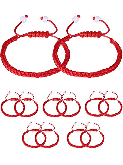 Gejoy 12 Pieces Handmade Kabbalah Red String Bracelet Adjustable Luck Bracelet with 2 Pieces White Bead for Success