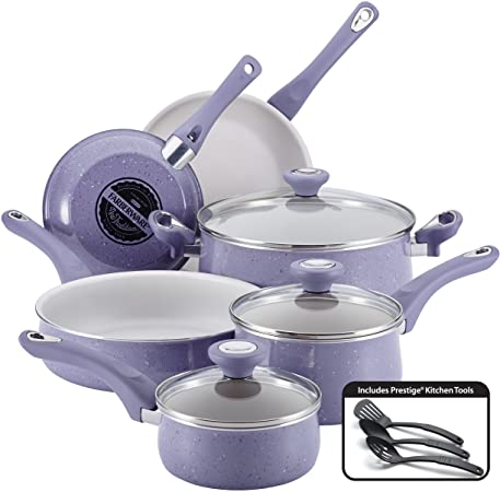 Farberware New Traditions Speckled Aluminum Nonstick 12-Piece Cookware Set, Lavender with White Interior