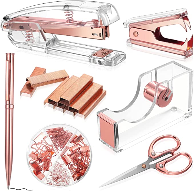 Office Supplies Set Desk Accessory Kit, Acrylic Stapler Set Staple Remover, Tape Dispenser, Binder Clips, Paper Clips, Ballpoint Pen and Scissor with 1000 Pieces 26/6 Staples (Rose Gold)