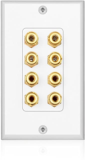 TNP Home Theater Speaker Wall Plate Outlet - 4 Speaker Sound Audio Distribution Panel Gold Plated Copper Banana Plug Binding Post Connector Insert Jack Coupler (4 Pair, Single Gang, White)