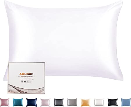 Adubor Silk Pillowcase for Hair and Skin with Hidden Zipper, Both Side 23 Momme Silk,900 Thread Count (50x75CM, White, 1pc)