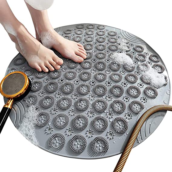 Meeyou Textured Surface Round Non Slip Shower Mat Anti Slip Bath Mats with Drain Hole in Middle for Shower Stall,Bathroom Floor,Showers 22 x 22 inches Grey