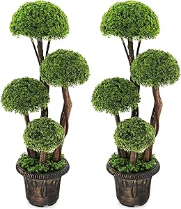 Goplus Artificial Cypress Topiary Ball Tree, 2 Pack 3 Ft Tall Artificial Plant, Indoor/Outdoor Topiary Trees with Golden Cement Pot, Fake Greenery Plants Decorative Trees for Office Home Front Door