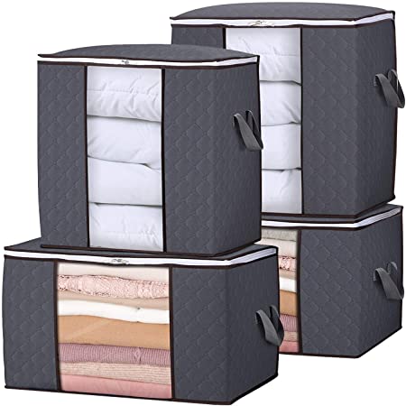 Lifewit Storage Bag Closet Organizer with Reinforced Handle Firm Fabric Strong Zipper Foldable Breathable Storage Container Set for Clothes, Quilts, Blankets, Bedding, 4 Pack, Grey