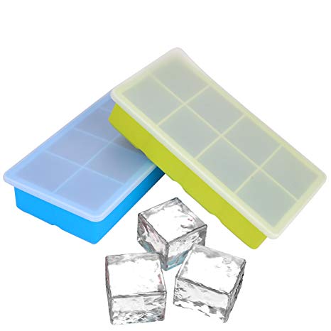 Large Ice Cube Trays with Removable Lids, moveland Food-Grade Safe Ice Cube-Square for Whiskey and Cocktails, 2 Pack Easy Release|No-Spill(Blue&Green)