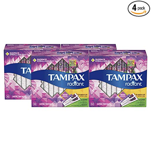 Tampax Radiant Plastic Tampons, 18 Regular/14 Super Absorbency Multipack, Unscented, 32 Count, Pack of 4 (Total 128 Count)