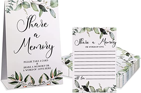 50 Pcs Share a Memory Cards and Greenery Place Cards Seating Place Cards Greenery Eucalyptus for Graduation, Wedding, Bridal Shower, Birthday Party, Celebration Anniversary, Funeral (Black Font)