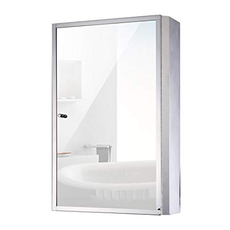 HOMCOM Vertical 24” Stainless Steel Floating Bathroom Wall Mirror Single Door Medicine Cabinet