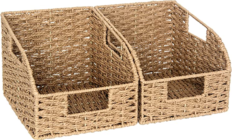 StorageWorks Round Paper Rope Storage Baskets with Built-in Handles, Hand Woven Baskets for Organizing, Light Brown, 2-Pack