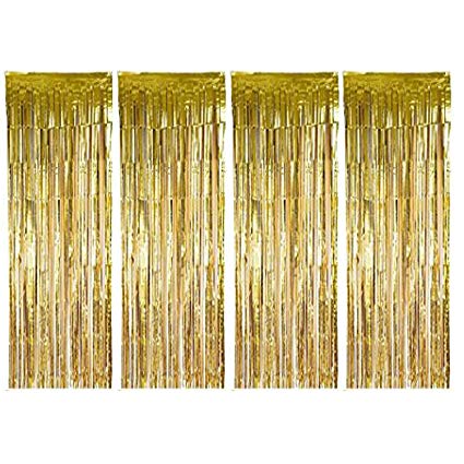 BTSD-home Gold Foil Fringe Curtain, Metallic Photo Booth Tinsel Backdrop Door Curtains for Wedding Birthday and Special Festival Decoration(4 Pack, 12ft x 8ft)