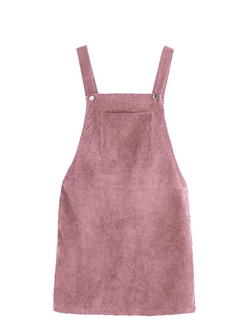 Romwe Women's Straps A-line Corduroy Pinafore Bib Pocket Overall Dress