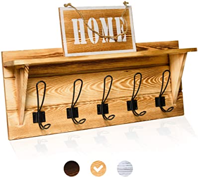 Rustic Coat Rack Wall Mounted with 5 Coat Hooks by East World! White Wall Mounted Coat Rack, Entryway Organizer, Hat Rack or Towel Hooks! Rustic Wood Coat Hanger with Rustic Hooks (Torched Brown)