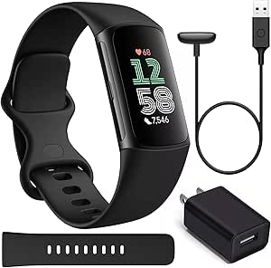 Fitbit Charge 6 Bundle Fitness Tracker Health Watch Power Bundle with Adapter (Black) Fit Bit Smart Watches for Women & Men with Heart Rate Monitor, GPS and Activity Tracker