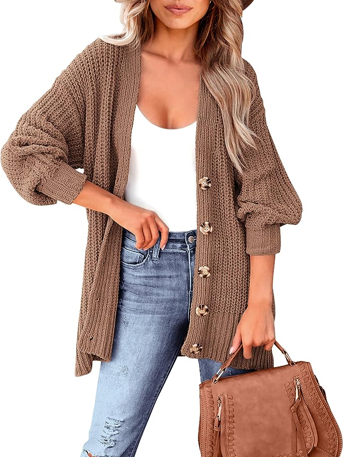 MASCOMODA Women's Long Sleeve Cable Knit Sweater Cardigan 2023 Fall Open Front Button Down Outwear Coat