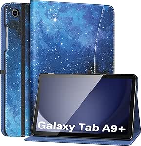 MoKo Case for Samsung Galaxy Tab A9 Plus 11" 2023 (SM-X210/SM-X216/SM-X218), PU Leather Multi-Angle Viewing Folding Stand Cover Case with Hand Strap, Front Pocket, Auto Wake/Sleep, Blue Starry Sky