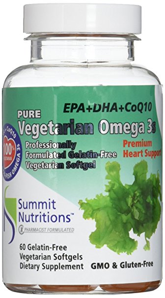 Summit Nutritions Omega 3 s Vegetarian + Non Fish Premium Heart Support Formula:NSF Certified Clinical Strength: 600mg of active EPA/DHA from algae oil with Plant based Vegetarian Soft Gels. No Fishy Character, 300 % More Omega 3s than Krill oil.