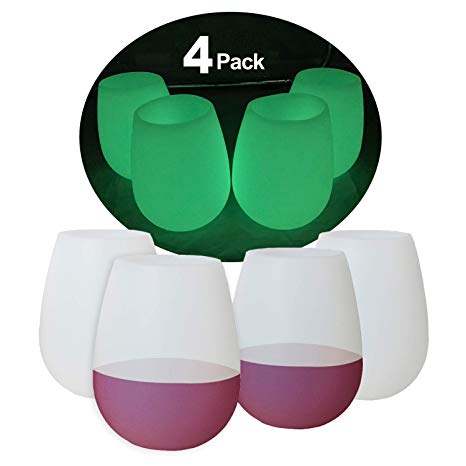 Silicone Wine Glasses Glow in The Dark Party Picnic Shatterproof Unbreakable Rubber Cups, BPA Free FDA Food Grade Silicone Camping Wine Glass Set of 4 by Mofason