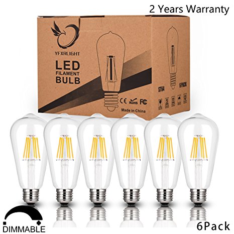 Antique LED Bulbs, 6W ST64 Dimmable Vintage Edison LED Bulbs, 60W Incandescent Equivalent, Squirrel Cage Filament with 360° Beam Angle, Soft Warm White 2700K, 550 Lumens, E26 Clear Glass , Pack of 6