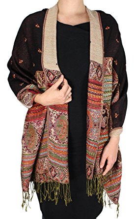 Peach Couture Ethnic Design Tribal Border Reversible Bohemian Pashmina Shawl Scarf Stole Wrap