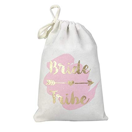 FOONEA 10pcs 5x7 Gold Foil Bride Tribe Bridesmaid Gift Bags with Pink Watercolor Cotton Muslin Drawstring Bags for Bridal Shower Bachelorette Party Hangover Kit Hangovers Bag