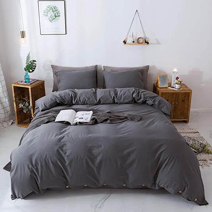 Miffrovn Grey Washed Cotton Duvet Cover King(104"x90") 3 Pieces (2 Pillowcases, 1 Duvet Cover), Solid Luxury Soft Bedding Set with Buttons Closure Corner Ties for Men Women (No Comforter)