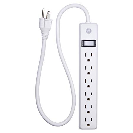 GE 6-Outlet Power Strip, 2ft Cord, Wall Mount, Integrated Circuit Breaker, 15A, 1800W, UL Listed, White, 14830