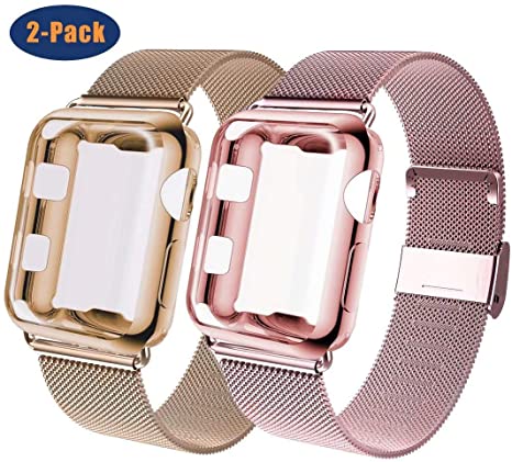 GBPOOT Compatible for Apple Watch Band 38mm 40mm 42mm 44mm with Screen Protector Case, Sports Wristband Strap Replacement Band with Protective Case for Iwatch Series 4/3/2/1,44mm,Gold and RoseGold