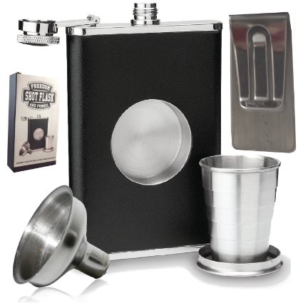 8oz Shot Flask with Bonus Funnel and Money clip Gift Set by Freedom Flasks. Gift box included.