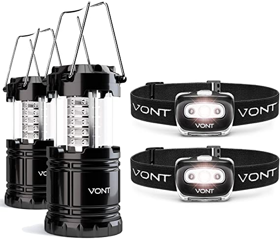 Vont The Ultimate Survival Bundle, 2 LED Lanterns   2-Pack LED Spark Headlamps - Must-Have Light Set for Every Home, Car - Ideal for Use on Emergencies, Car Breakdown, Outages on Hurricanes, Storms