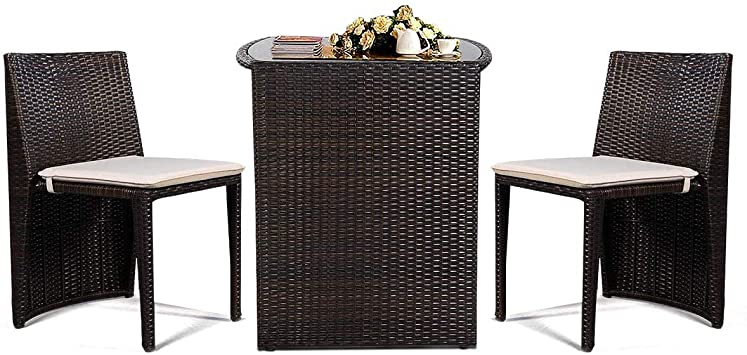 Goplus Wicker Bistro Set, Rattan Furniture Set 3 Piece Dining Table for Outdoor Patio Lawn Garden