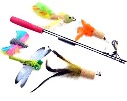 The Giddy Kitty 5 Pack Cat Feather Toys with Small Bells and Long 33 Inch Wand With Handle - Includes 2 Soft Flying Insects, 1 Fish , 2 Corkscrew Feathers - Teaser Toy for Exercising Kitten or Cats
