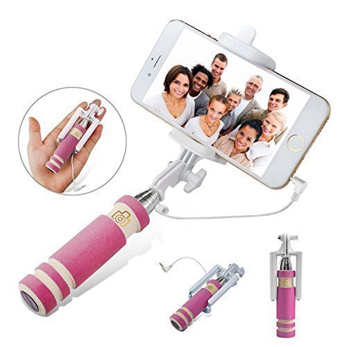 SSA Mini Monopods Selfie Stick NEW Foldable Super Mini Wired Selfie Stick Handheld Extendable Monopod -Built in Shutter Non-slip Handle Compatible with iphone Samsung HTC One (Pink) SSA