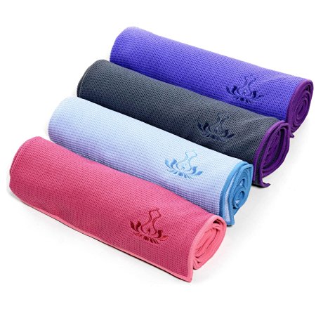 Premium Non Slip Yoga Towel (Free Towel Bag) by Heathyoga, Silicone Anti Skid Layer, 4 Corner Ears, Optimal Grip, Super Absorbent, Microfiber, Perfect for Hot Yoga, Bikram, Pilates and Ashtanga.