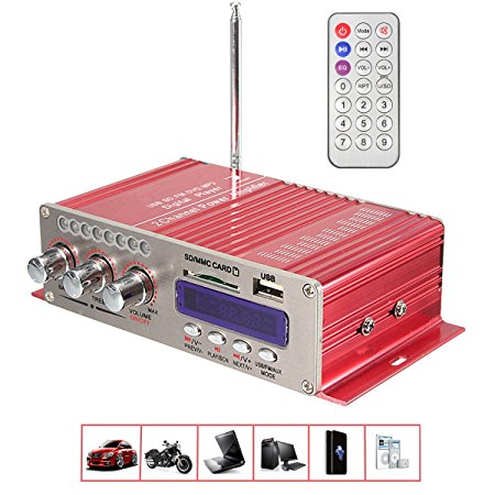 Car Amplifier , MENGGOOD Mini Hi-Fi Bluetooth Stereo Digital Power Amplifier Digi AMP Booster Audio Music Player with Remote Control Support FM MP3 SD USB DVD for Auto Car Boat Motorcycle Home [Red]