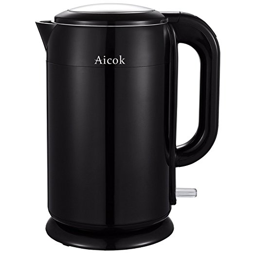 Aicok Cordless Electric Kettle Double Wall Cool Touch Stainless Steel Water Kettle, 1.7 Liter, Black