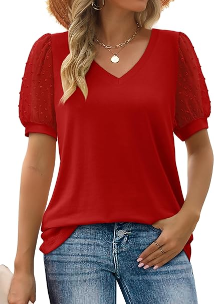 Aokosor Womens Summer Tops V Neck T Shirts Swiss Dot Puff Sleeve Tops Loose Casual Tshirts